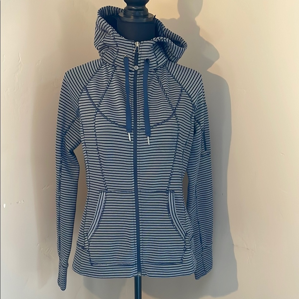 Athleta Striped Blue Full Zip Hoodie, Size Large